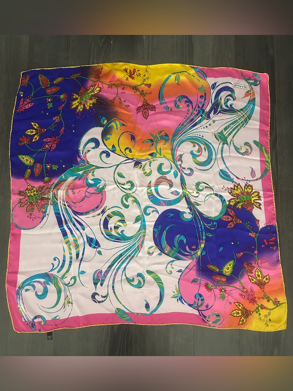 Vintage Sarar 100% Silk Scarf Bright Floral Paisley Pink Blue Yellow Square
